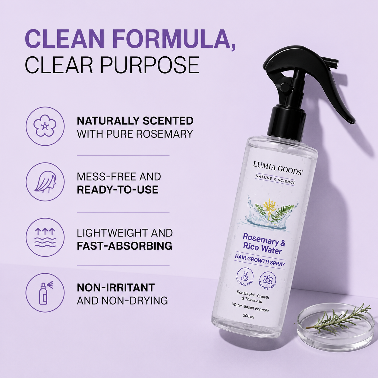 Rosemary Water with Rice Water |100% Natural Extract | Soft & Smooth Hair Non-Greasy & Fast Absorbing | 200 ml